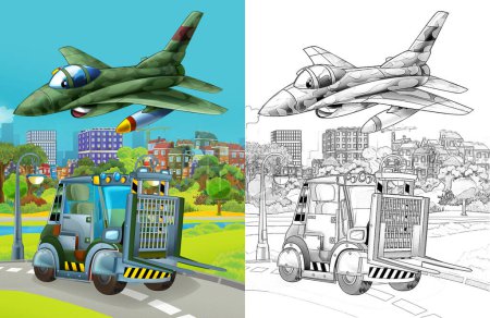 Téléchargez les photos : Cartoon scene with military army different duty vehicles on the road with sketch - en image libre de droit