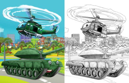 Foto de Cartoon scene with military army different duty vehicles on the road with sketch - Imagen libre de derechos