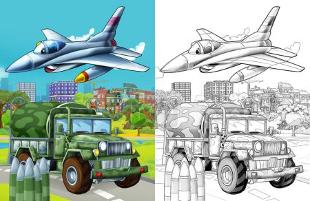 Téléchargez les photos : Cartoon scene with military army different duty vehicles on the road with sketch - en image libre de droit