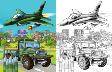 Foto de Cartoon scene with military army different duty vehicles on the road with sketch - Imagen libre de derechos
