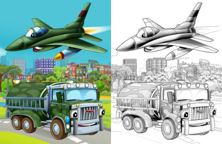 Photo for Cartoon scene with military army different duty vehicles on the road with sketch - Royalty Free Image