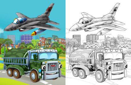 Photo for Cartoon scene with military army different duty vehicles on the road with sketch - Royalty Free Image