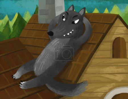 Foto de Cartoon scene with bad wolf on the roof smiling and resting illustration for children - Imagen libre de derechos