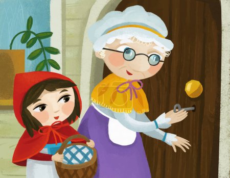 Téléchargez les photos : Cartoon scene with grandmother and girl in red hood granddaughter in the rest room illustration for children - en image libre de droit