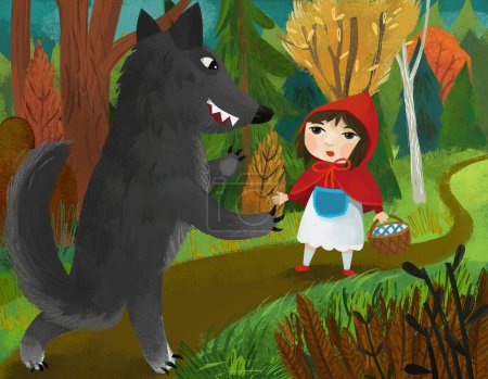Photo for Cartoon scene with bad wolf meeting little girl in red hood in the forest illustration for children - Royalty Free Image