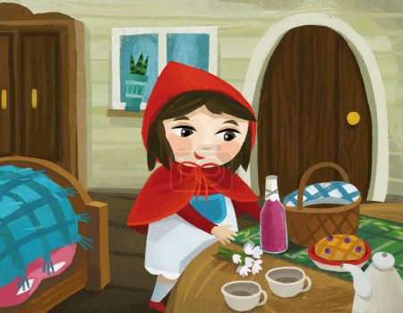 Téléchargez les photos : Cartoon scene with little girl kid in wooden house in red hood illustration for children - en image libre de droit