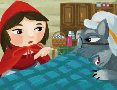 Foto de Cartoon scene with bad wolf in disguise of grandmother resting in the bed and little girl illustration for children - Imagen libre de derechos