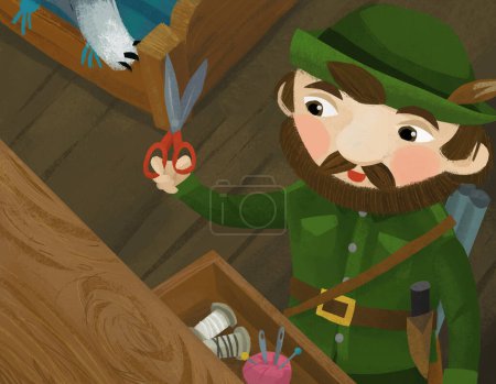 Téléchargez les photos : Cartoon scene with good hunter forester in wooden house tailoring illustration for children - en image libre de droit