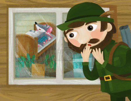 Téléchargez les photos : Cartoon scene with good hunter forester near wooden house illustration for children - en image libre de droit