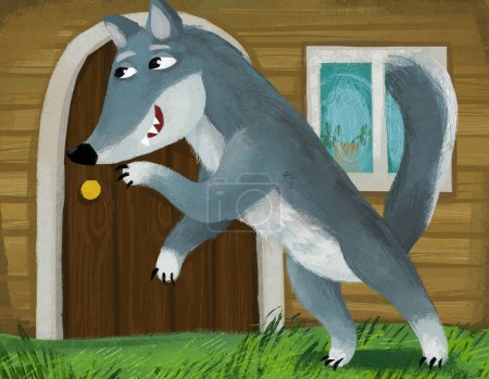 Photo for Cartoon scene with evil wolf spying near wooden house illustration for children - Royalty Free Image