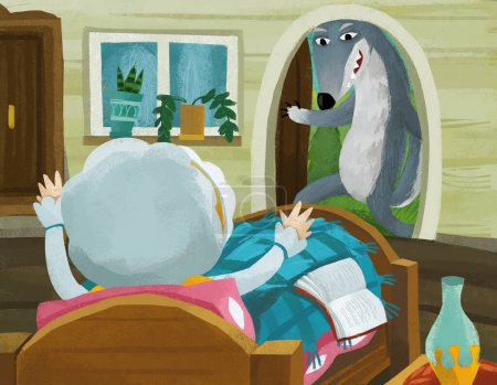 Téléchargez les photos : Cartoon scene with grandmother resting in the bed and bad wolf comes in illustration for children - en image libre de droit