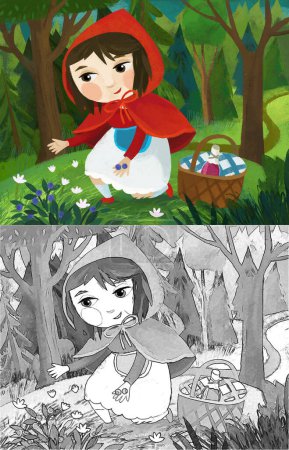 Téléchargez les photos : Cartoon scene with little girl kid in red hood in forest illustration for children - en image libre de droit
