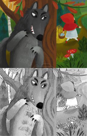 Téléchargez les photos : Cartoon scene with bad wolf meeting little girl in red hood in the forest illustration for children - en image libre de droit