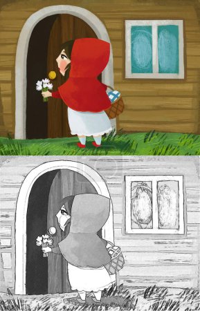 Téléchargez les photos : Cartoon scene with little girl kid near wooden house in red hood illustration for children - en image libre de droit