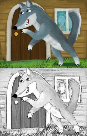 Photo for Cartoon scene with evil wolf spying near wooden house illustration for children - Royalty Free Image
