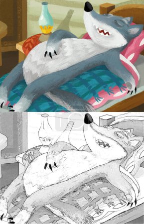 Téléchargez les photos : Cartoon scene with bad wolf sleeping on grandma bed illustration for children - en image libre de droit