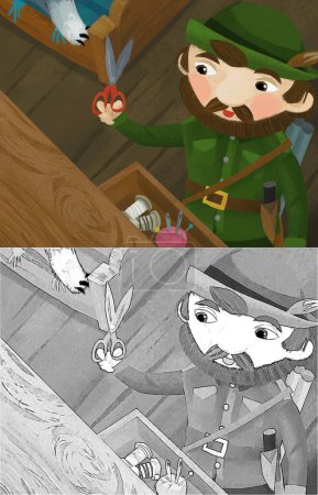 Téléchargez les photos : Cartoon scene with good hunter forester in wooden house tailoring illustration for children - en image libre de droit
