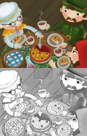 Foto de Cartoon scene with grandmother granddaughter hunter eating dinner together illustration for children - Imagen libre de derechos