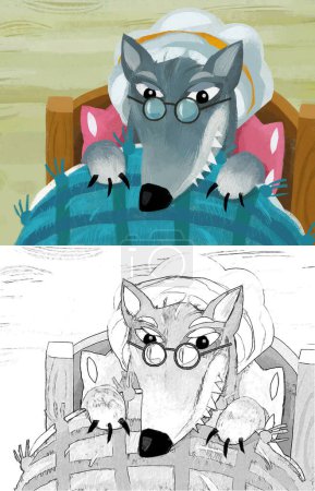 Téléchargez les photos : Cartoon scene with bad wolf in disguise of grandmother resting in the bed illustration for children - en image libre de droit