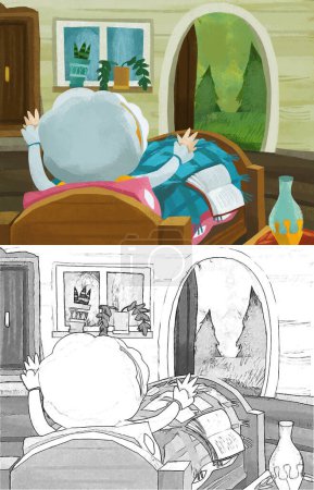 Foto de Cartoon scene with grandmother resting in the bed reading book illustration for children - Imagen libre de derechos