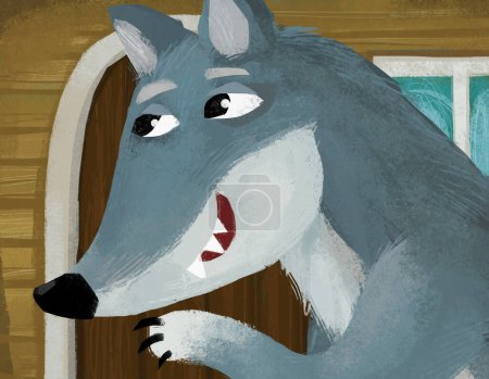 Téléchargez les photos : Cartoon scene with evil wolf spying near wooden house illustration - en image libre de droit