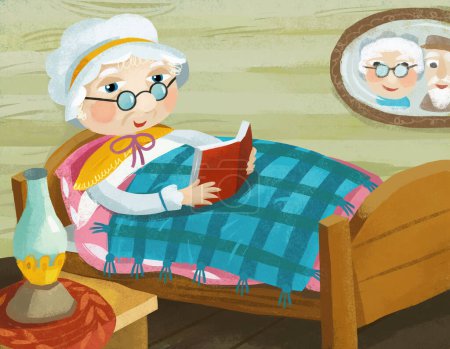 Photo for Cartoon scene with grandmother resting in the bed reading book illustration - Royalty Free Image