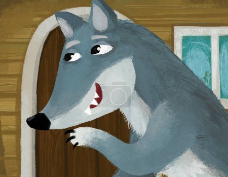 Photo for Cartoon scene with evil wolf spying near wooden house illustration - Royalty Free Image