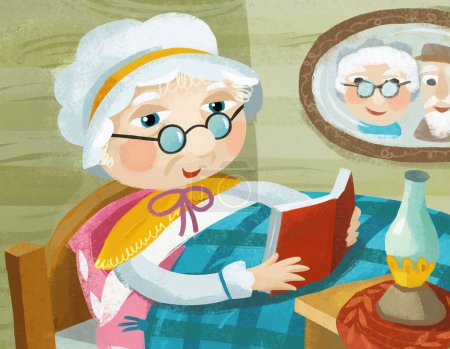 Téléchargez les photos : Cartoon scene with grandmother resting in the bed reading book illustration - en image libre de droit