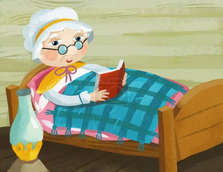 Foto de Cartoon scene with grandmother resting in the bed reading book illustration - Imagen libre de derechos