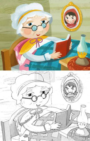 Téléchargez les photos : Cartoon scene with grandmother resting in the bed reading book illustration - en image libre de droit