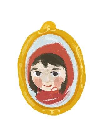 Téléchargez les photos : Cartoon girl face in red hood on the painting on white background illustration - en image libre de droit