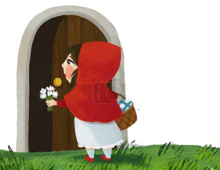 Téléchargez les photos : Cartoon little girl kid near wooden house in red hood illustration - en image libre de droit