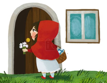 Téléchargez les photos : Cartoon little girl kid near wooden house in red hood illustration - en image libre de droit