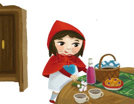 Photo for Cartoon little girl kid in wooden house in red hood illustration - Royalty Free Image