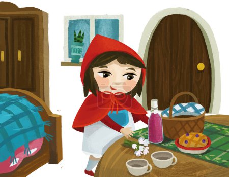 Foto de Cartoon little girl kid in wooden house in red hood illustration - Imagen libre de derechos