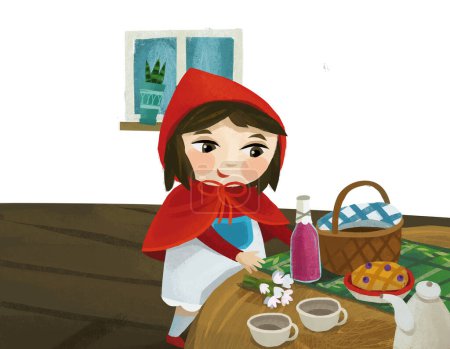 Téléchargez les photos : Cartoon little girl kid in wooden house in red hood illustration - en image libre de droit