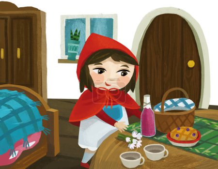 Téléchargez les photos : Cartoon little girl kid in wooden house in red hood illustration - en image libre de droit