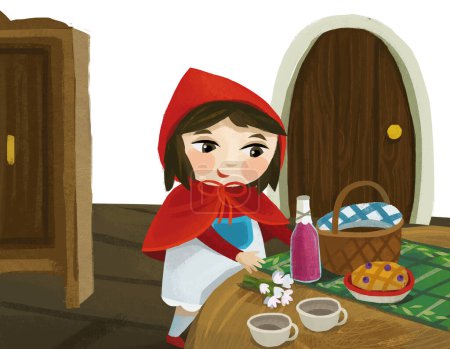 Foto de Cartoon little girl kid in wooden house in red hood illustration - Imagen libre de derechos