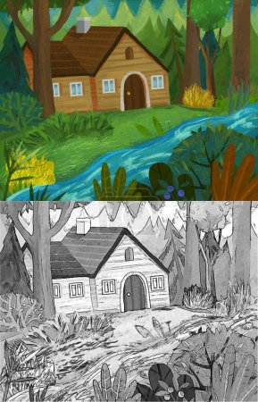 Téléchargez les photos : Cartoon nature scene with old house in the forest illustration sketch - en image libre de droit