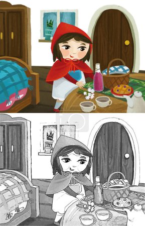 Photo for Cartoon little girl kid in wooden house in red hood illustration sketch - Royalty Free Image