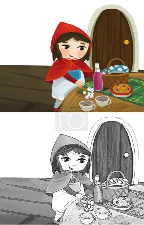 Téléchargez les photos : Cartoon little girl kid in wooden house in red hood illustration sketch - en image libre de droit