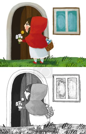 Téléchargez les photos : Cartoon little girl kid near wooden house in red hood illustration sketch - en image libre de droit