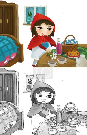 Foto de Cartoon little girl kid in wooden house in red hood illustration sketch - Imagen libre de derechos