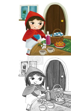 Téléchargez les photos : Cartoon little girl kid in wooden house in red hood illustration sketch - en image libre de droit