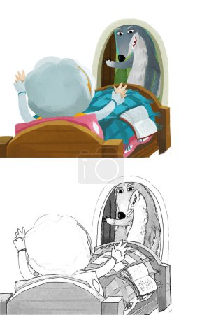 Foto de Cartoon scene with grandmother resting in the bed reading book and wolf entering illustration sketch - Imagen libre de derechos