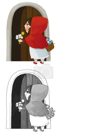 Téléchargez les photos : Cartoon little girl kid near wooden house in red hood illustration sketch - en image libre de droit