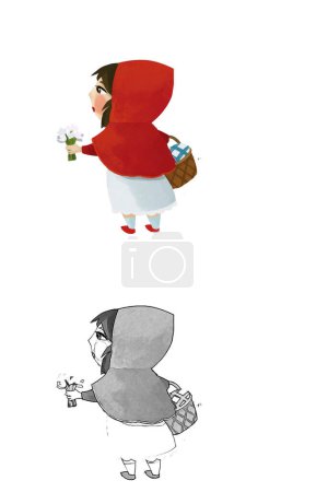 Foto de Cartoon little girl kid near wooden house in red hood illustration sketch - Imagen libre de derechos