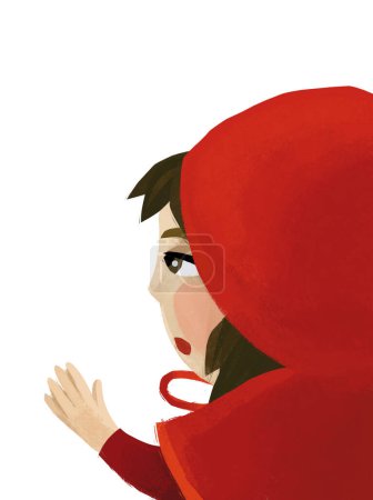 Foto de Cartoon little girl kid near wooden house in red hood illustration - Imagen libre de derechos
