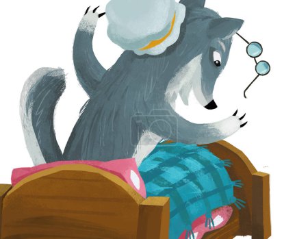 Foto de Cartoon scene with evil wolf spying in bed illustration - Imagen libre de derechos
