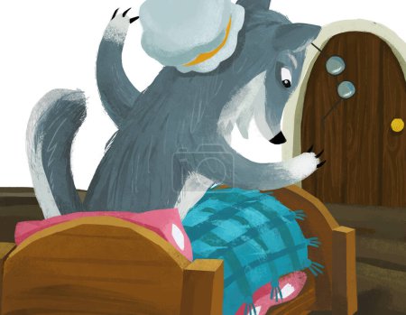Téléchargez les photos : Cartoon scene with evil wolf spying in bed illustration - en image libre de droit
